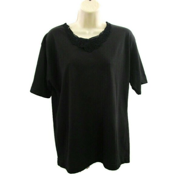 Womens Top Size Large Black Embroidered Neckline Short Sleeves A&M Collection - Picture 1 of 8